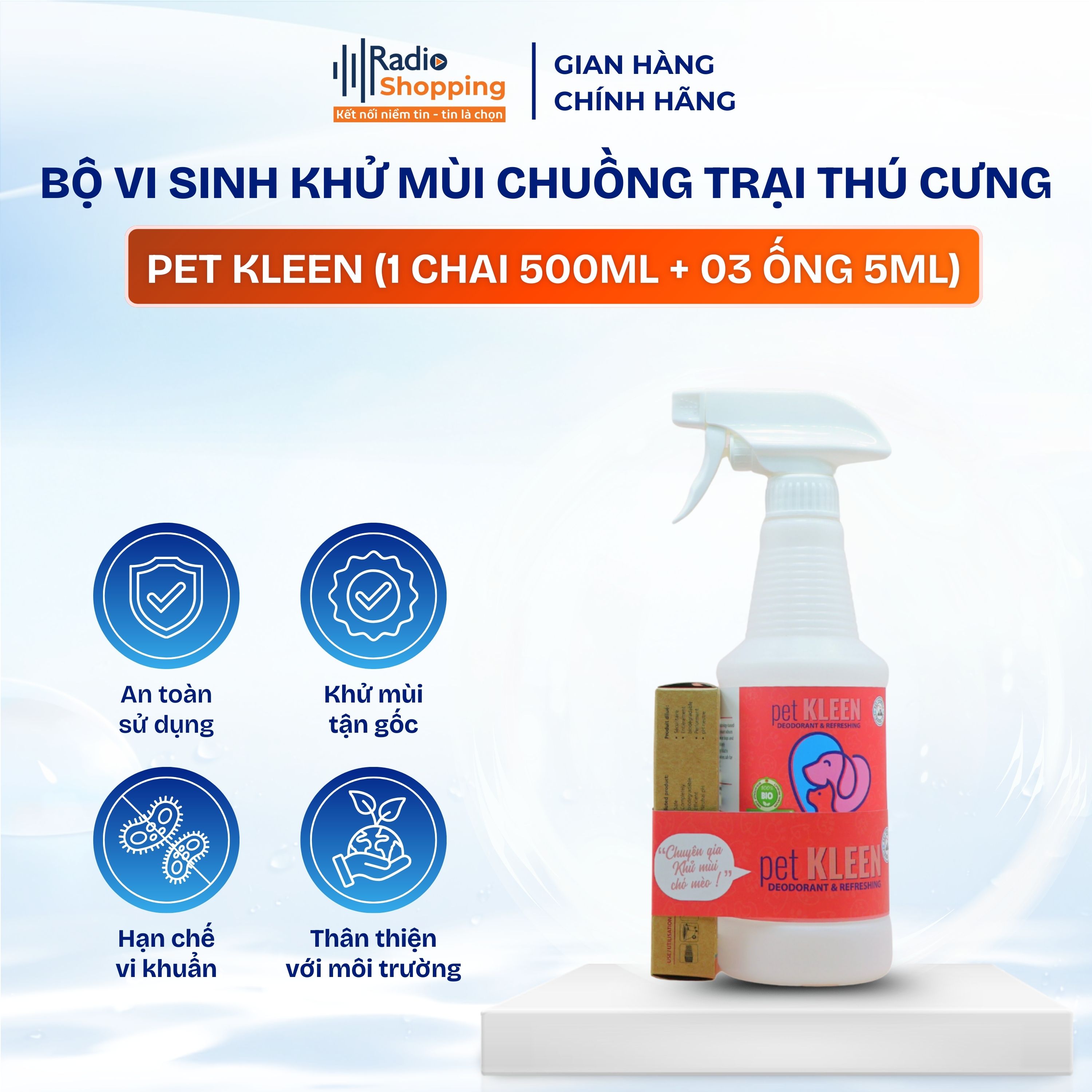 Chai xịt PET KLEEN khử mùi chuồng trại thú cưng [1 chai 500ml - 3 ống 5ml]